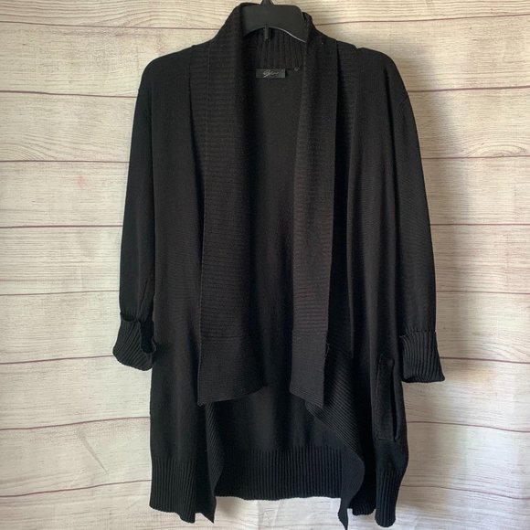 LYN Black Cardigan with Ribbed Open Front Cuffed Sleeves Pockets Size M - Picture 1 of 8
